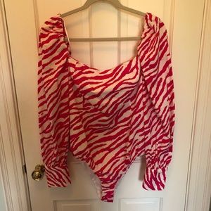 Zara Pink and White Animal Print Bodysuit (Size L)